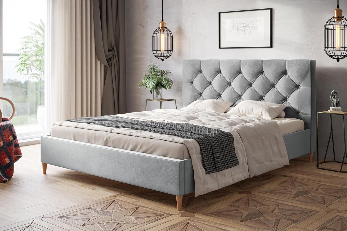 POLSTERBETT LUX Boston mit Kopfteil, 140 x 200 cm, Doppelbett mit Lattenrost aus Holz, Velourstoff Hellgrau, Füße in Farbe: Braun - Hellgrau, Holz/Textil (140/200cm) - Alpi-Möbel