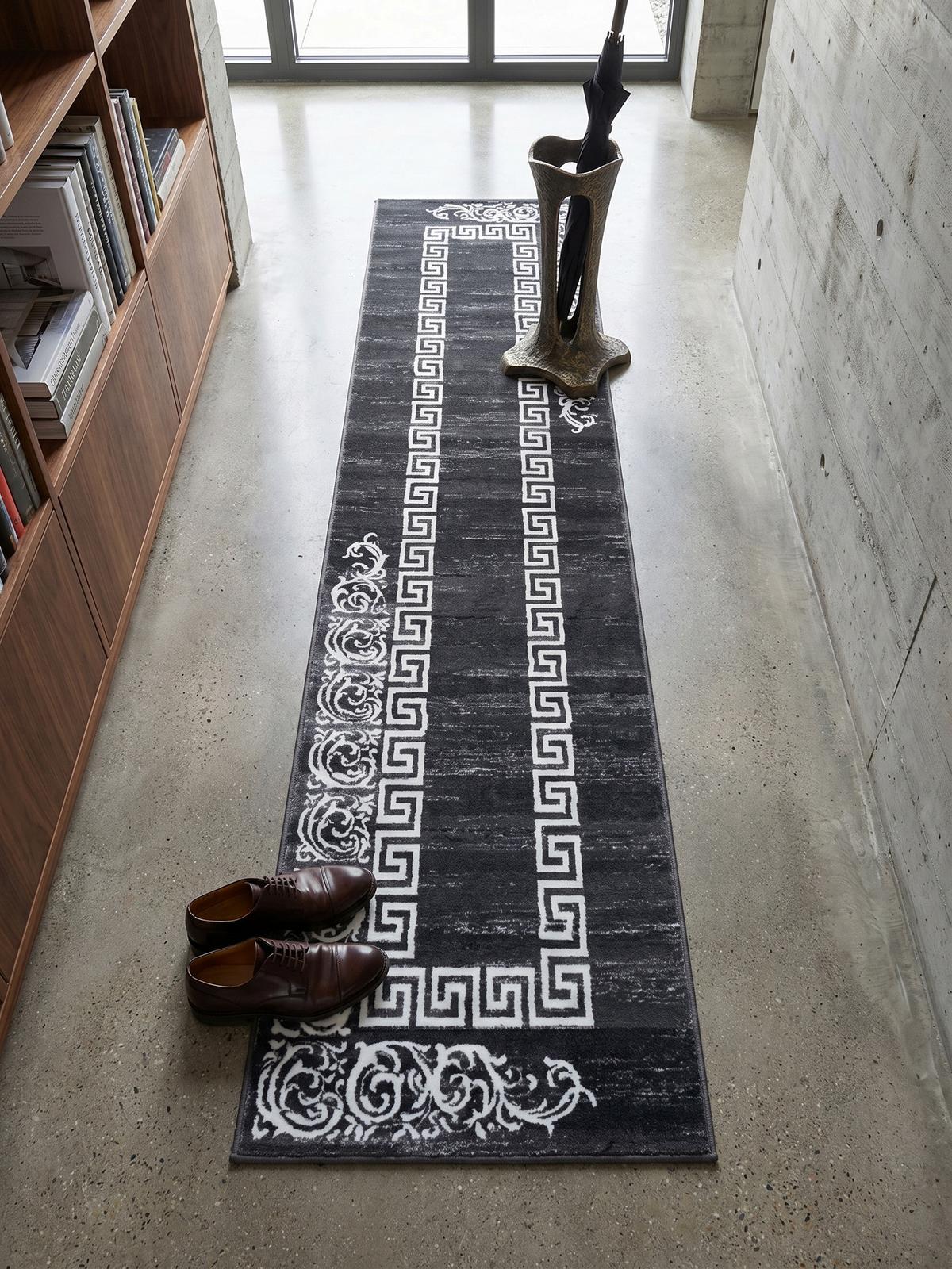 TEPPICH Kurzflor ASPEN in Grau, mit Mäander-Muster, 80 x 300 cm - Grau, Textil (80/300cm) - KADIMA DESIGN