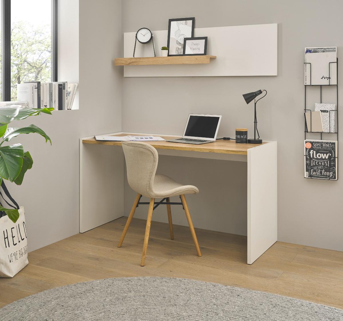 SCHREIBTISCH weiß matt, Eiche Wotan 143 x 62 cm, Laptoptisch mit großer Arbeitsfläche - Eiche Wotan/Silberfarben, Holzwerkstoff/Kunststoff (143/62/76cm) - Furn.Design