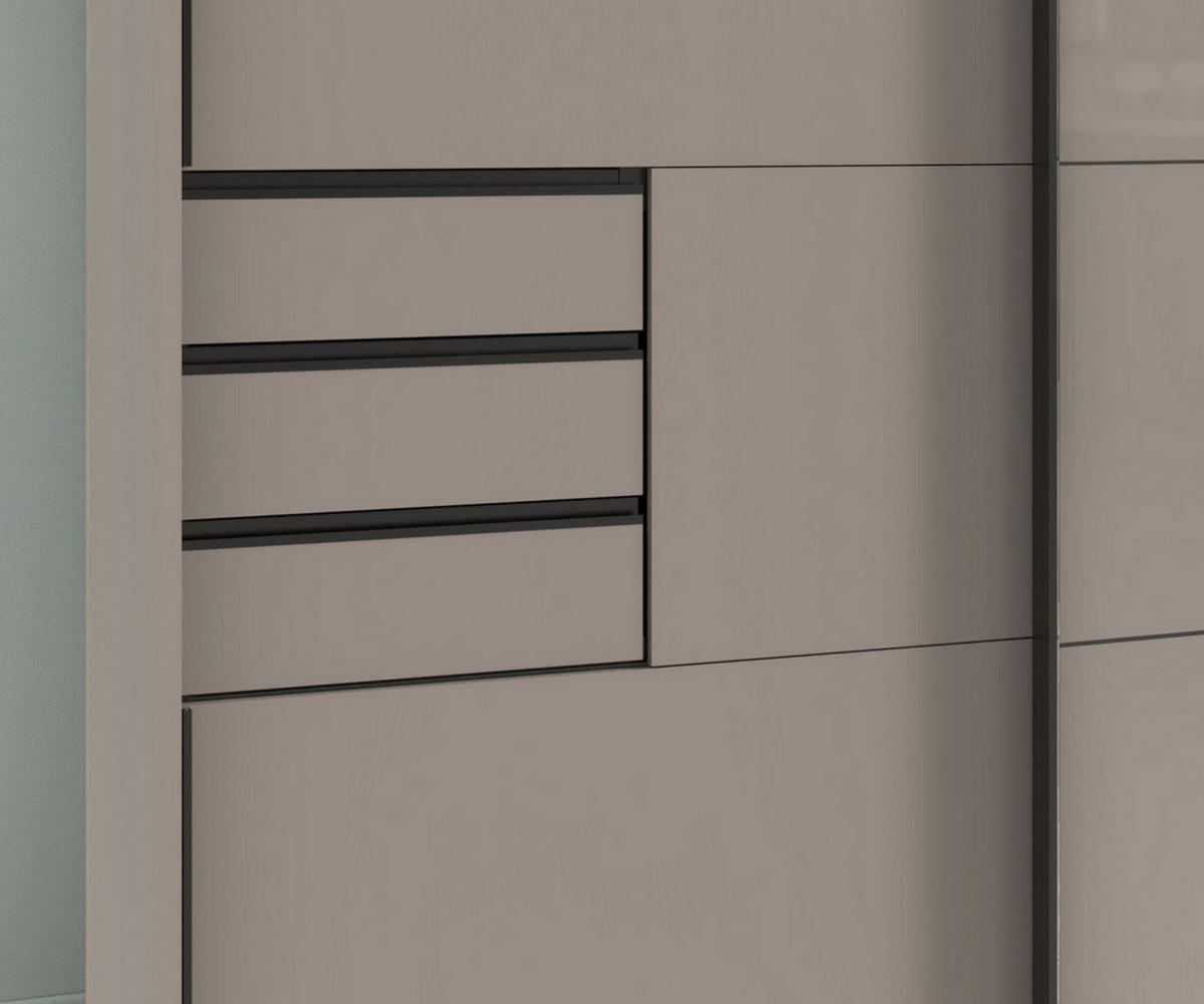 SCHWEBETÜRENSCHRANK 3-türig B273/H213/T64 cm, Sandgrau/Mitteltür Glas, Passepartout-Kleiderschrank mit Schubladen & Vollausstattung, / 22620 - Sandfarben/Schwarz, Holzwerkstoff/Metall (273/213/64cm) - luma-home