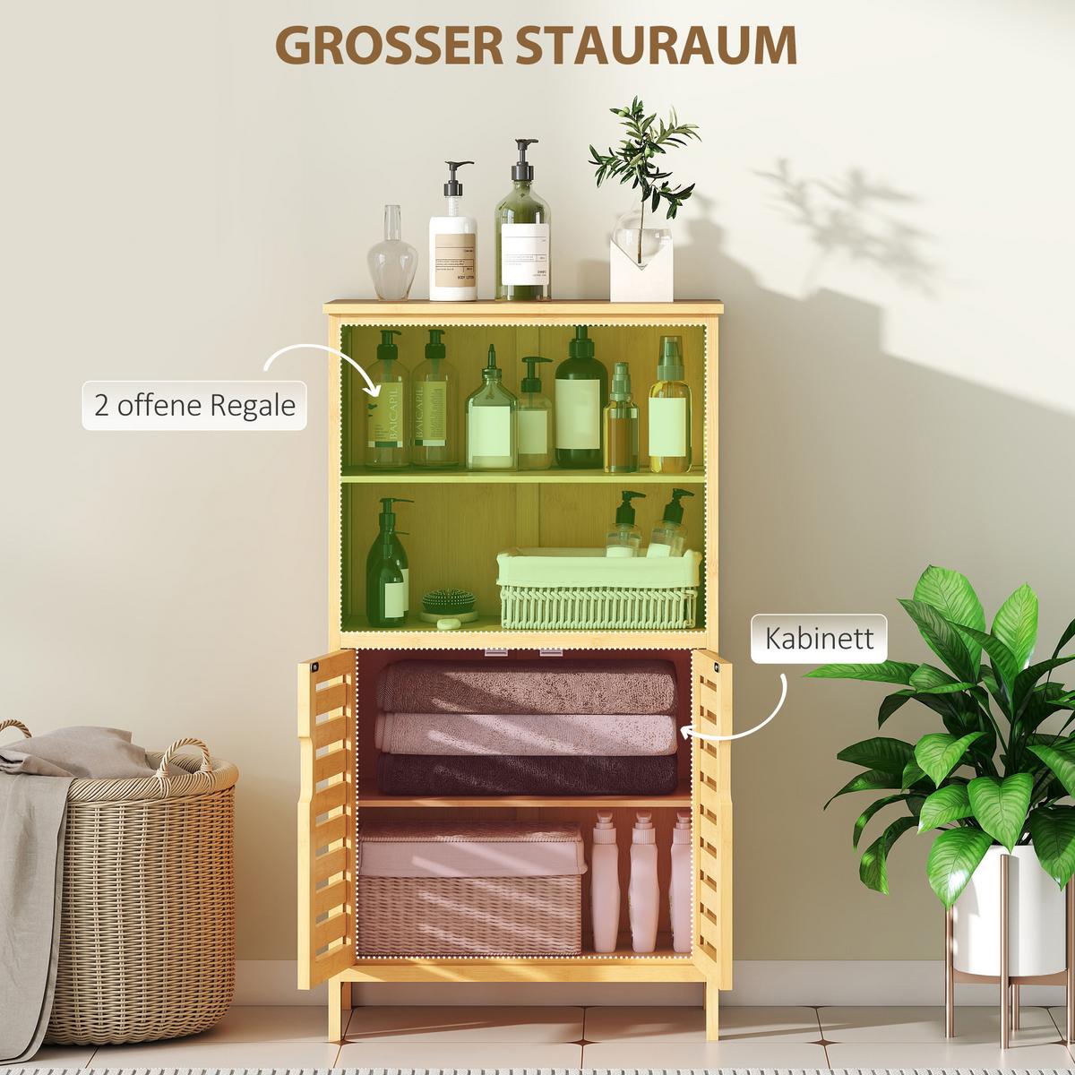 BADEZIMMERSCHRANK, Unterschrank aus Bambus, Badschrank mit Türen, Naturholz - Naturfarben, Holz/Bambusholz (29/92/50cm) - Kleankin