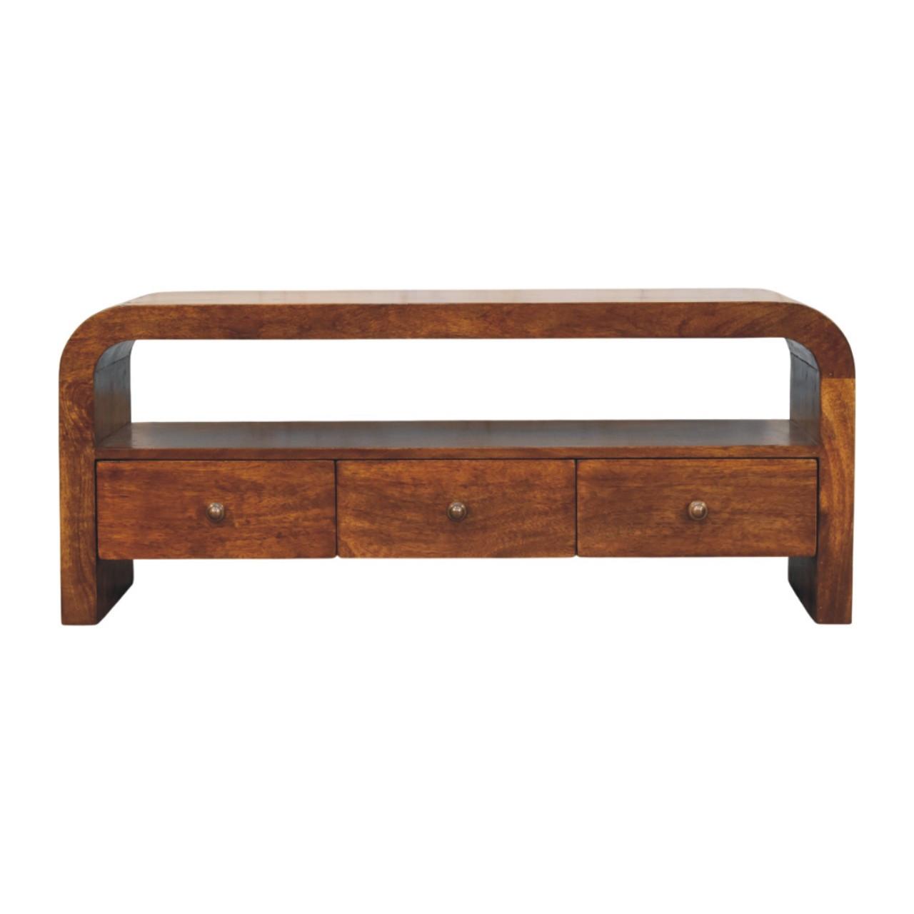 TV-MÖBEL Darcy Kastanie, 3 Schubladen und Offenes Regal, Dunkelbraun - Dunkelbraun/Messingfarben, Holz/Metall (110/45/35cm) - Artisan Furniture