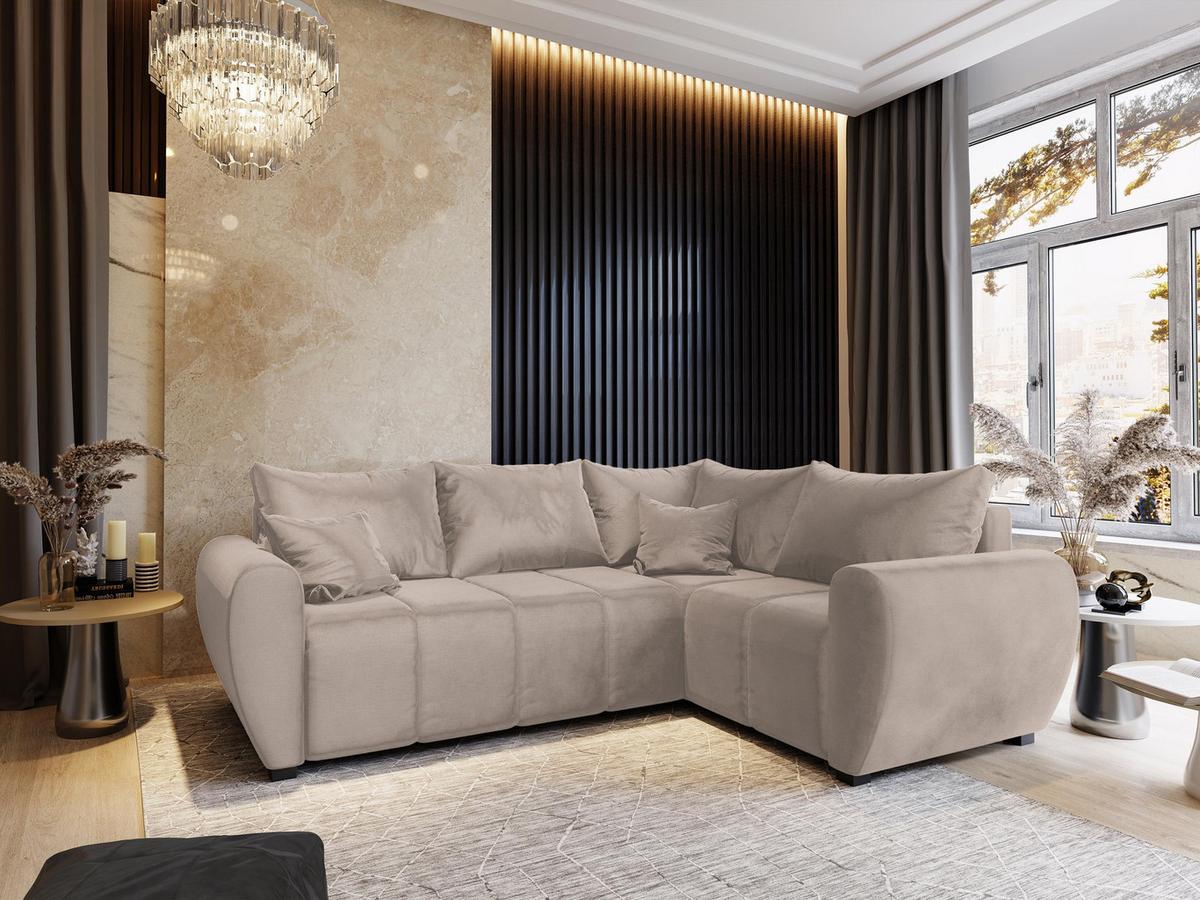 ECKSOFA MADISON L R-S Beige Plüsch-Stoff mit Schlaffunktion - Beige/Schwarz, Holz/Kunststoff (235/175cm) - MASSENO