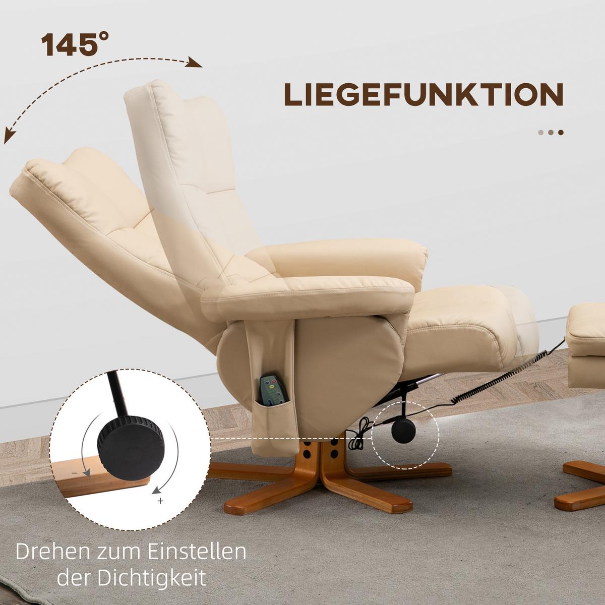 RELAXSESSEL mit Liegefunktion Massagesessel mit Fußhocker Polyester Cremeweiß - Champagner/Creme, Leder/Holz (86/99/80cm) - HOMCOM