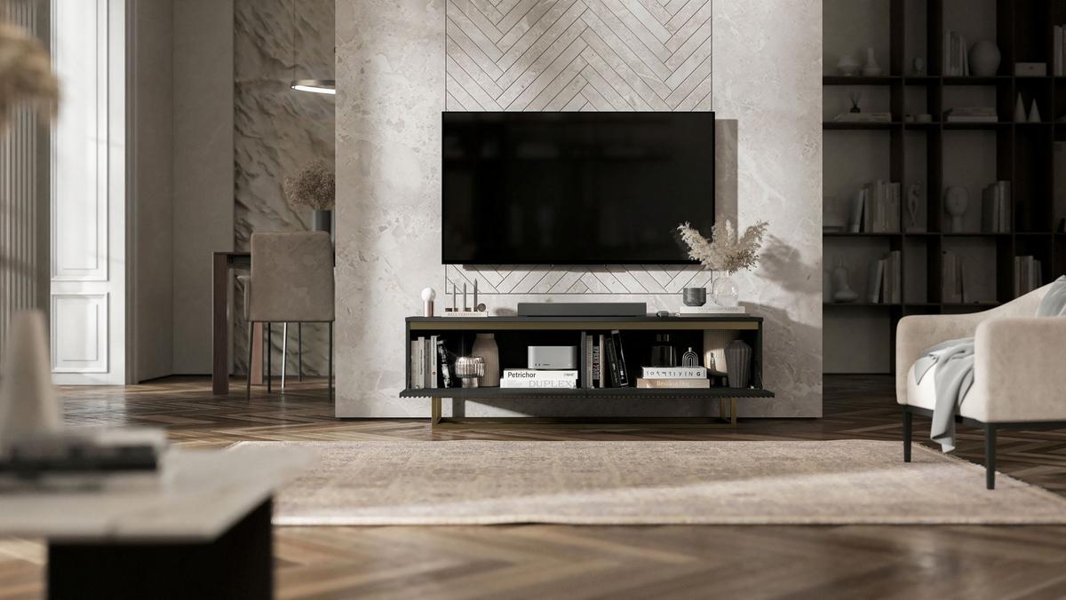 TV-SCHRANK Selene Glamour Schwarz Matt mit Metallrahmen 140 cm - Goldfarben/Schwarz, Holzwerkstoff/Metall (140/44/35cm) - Meble Lindner
