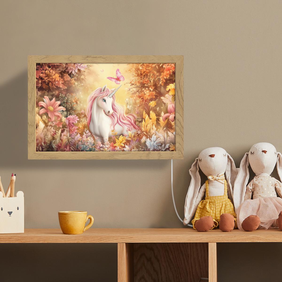 WANDLEUCHTE Einhorn - Blumen - Schmetterling - Rosa 30x20 cm - Beige, Holzwerkstoff (30/20/8cm) - OnlyWow