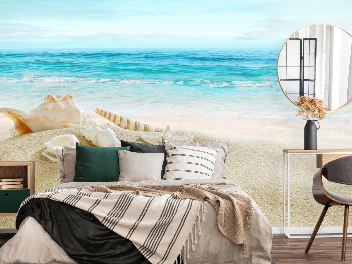 FOTOTAPETE für Badezimmer Muscheln Strand Sand Wellen Meer 500x350 - Beige/Weiß, Papier (500/350cm) - Muralo