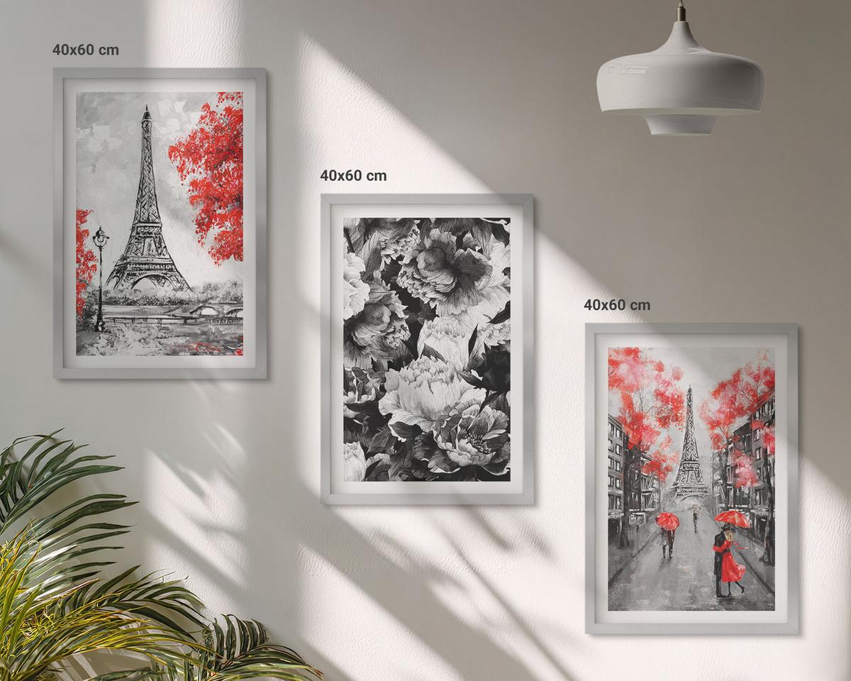 BILDER SET 3er Set - 40x60 cm Silberner Rahmen - graue Gemälde des Eiffelturms - Silberfarben, Kunststoff (40/60cm) - TULUP