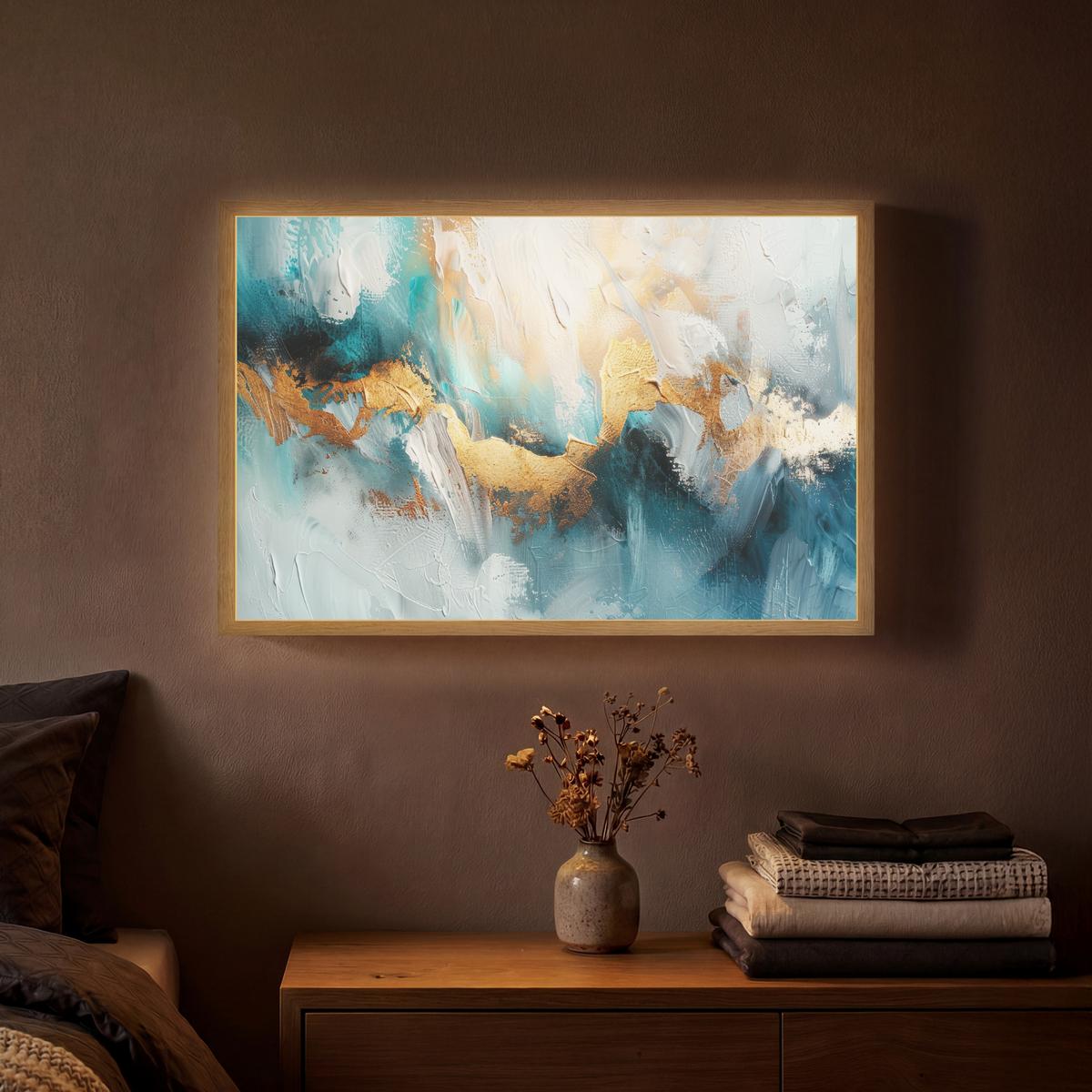 WANDLEUCHTE MIT AKKU Abstrakt - Kunst - Gold - Blau 60x40 cm - Türkis, Holzwerkstoff (60/40/8cm) - OnlyWow