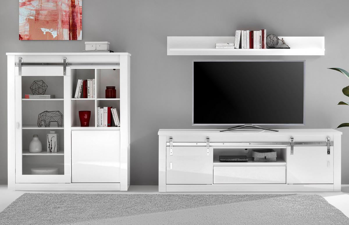 WOHNWAND weiß Hochglanz 3-teilig 349 x 170 cm, Wohnkombination inklusive LED-Beleuchtung, Soft-Close - Chromfarben/Weiß Hochglanz, Glas/Holzwerkstoff (349/170/43cm) - Furn.Design