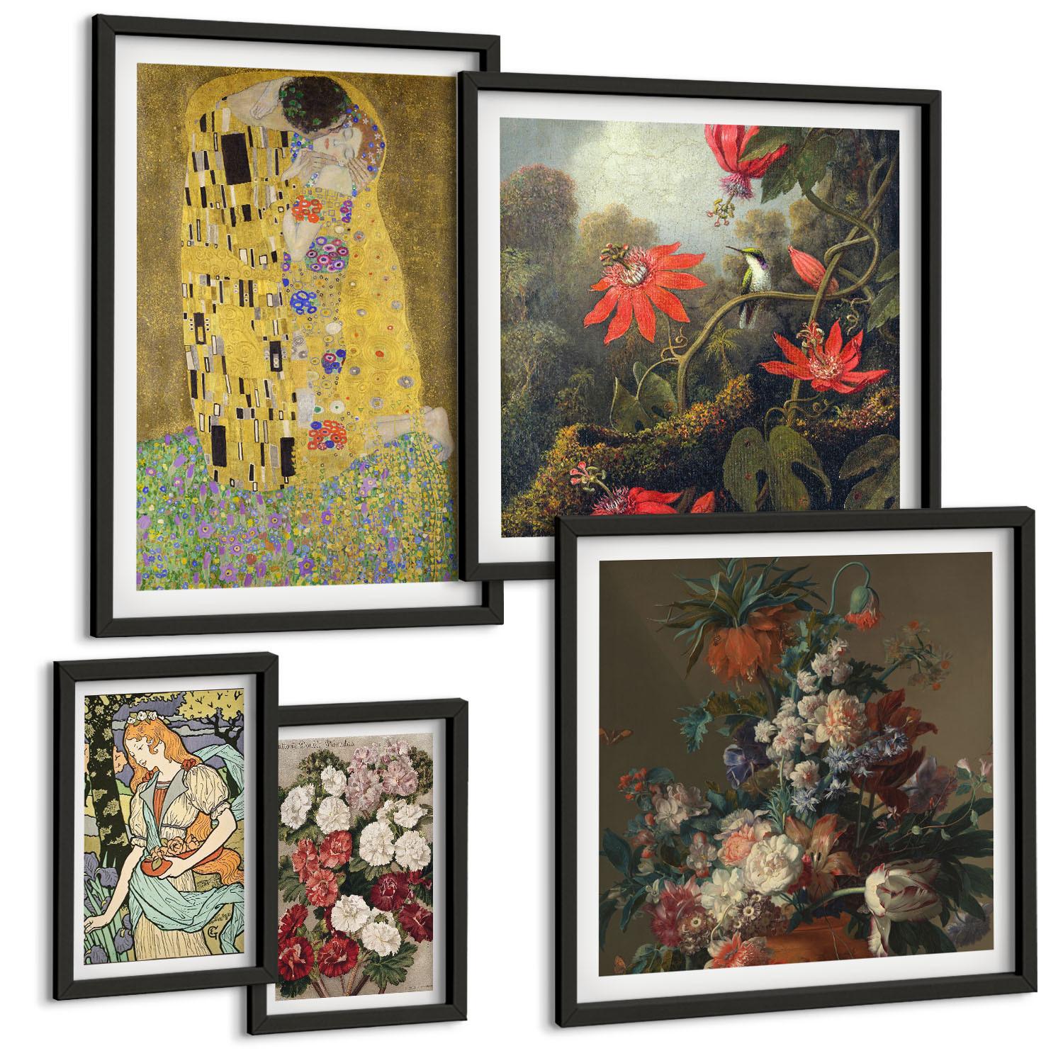 BILDER SET 5er Set - 50x50 cm & 20x30 cm & 40x60 cm Schwarzer Rahmen - Blumen des Baumes (Gemälde von Klimt) - Schwarz, Kunststoff (40/60cm) - TULUP