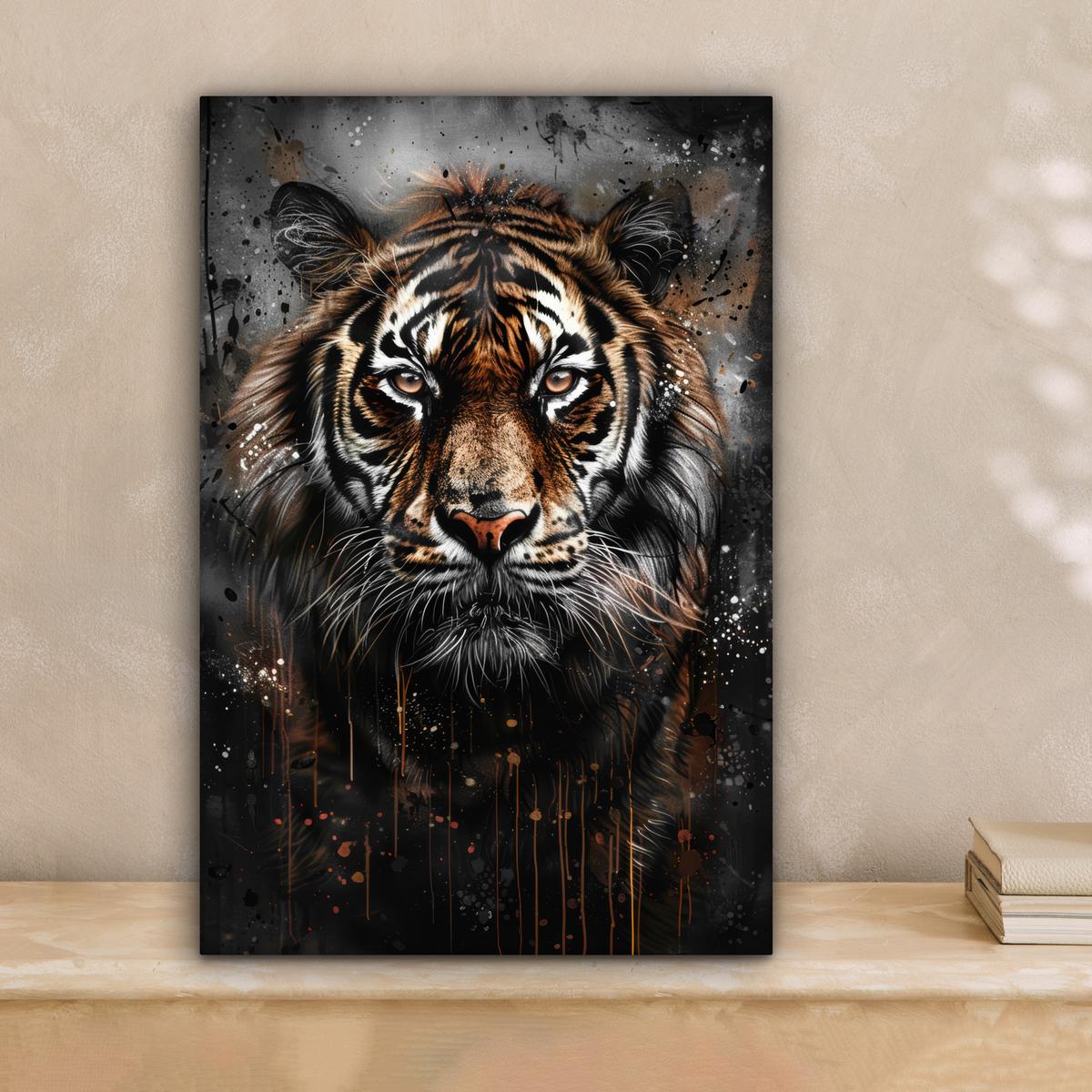 LEINWANDBILD Tiger - Tiere - Porträt - Luxus - Schwarz Deko Wohnzimmer 20x30 cm - Anthrazit, Textil (20/30cm) - MuchoWow