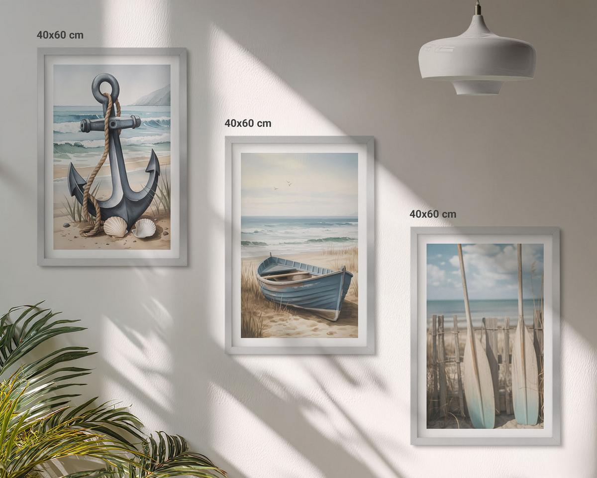 BILDER SET 3er Set - 40x60 cm Silberner Rahmen - Anker, Boot, Ruder, Strand - Silberfarben, Kunststoff (40/60cm) - TULUP
