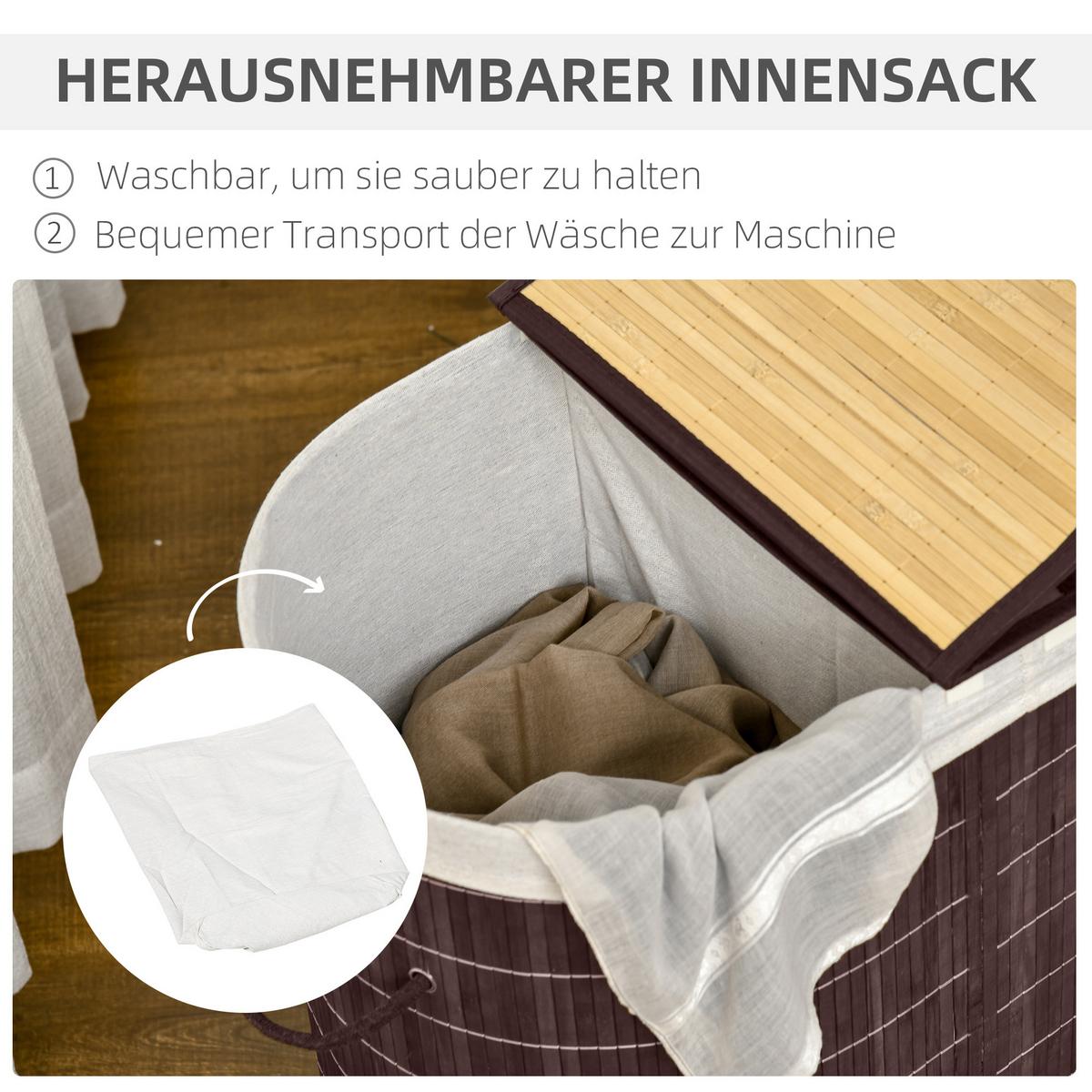 WÄSCHEKORB Wäschebox 100L Wäschesammler mit Deckel, 2 Wäschesäcken, Bambus - Braun, Naturmaterialien (37/60.5/62.5cm) - HOMCOM