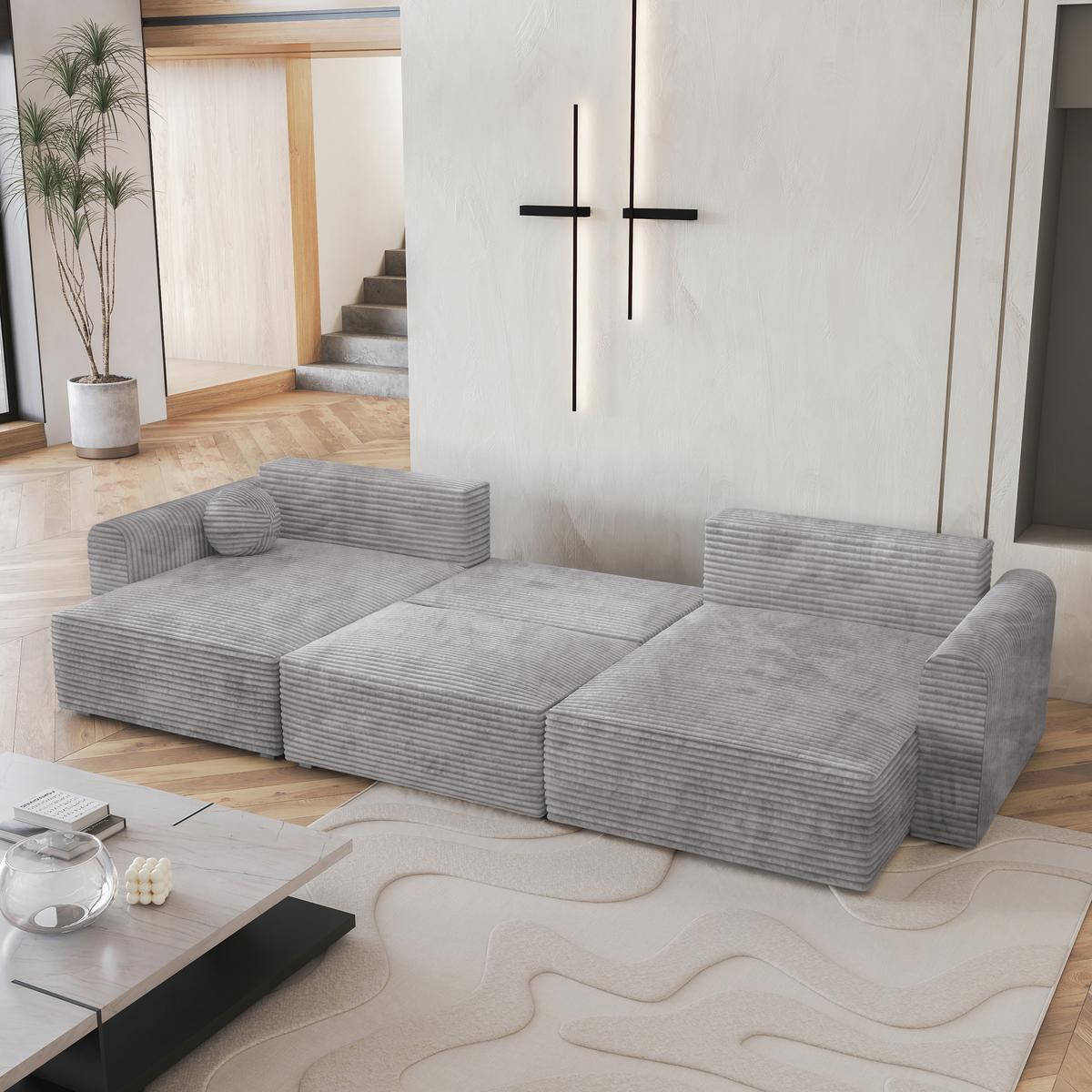 WOHNLANDSCHAFT FENTO Hellgrau Kordstoff mit Schlaffunktion - Hellgrau, Holz (347/90/148cm) - MASSENO