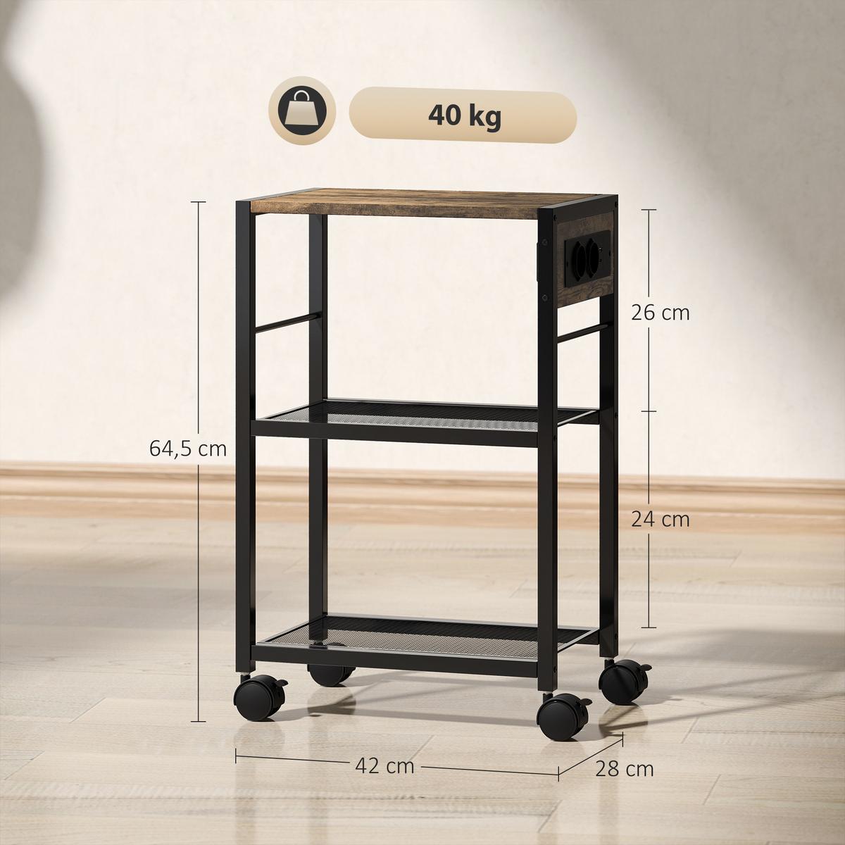 DRUCKERSTÄNDER Druckeregal mit Rollen, Steckdosen, USB- und USB-C-Anschlüsse - Rostfarben/Schwarz, Holzwerkstoff/Metall (28/64.5/42cm) - HOMCOM