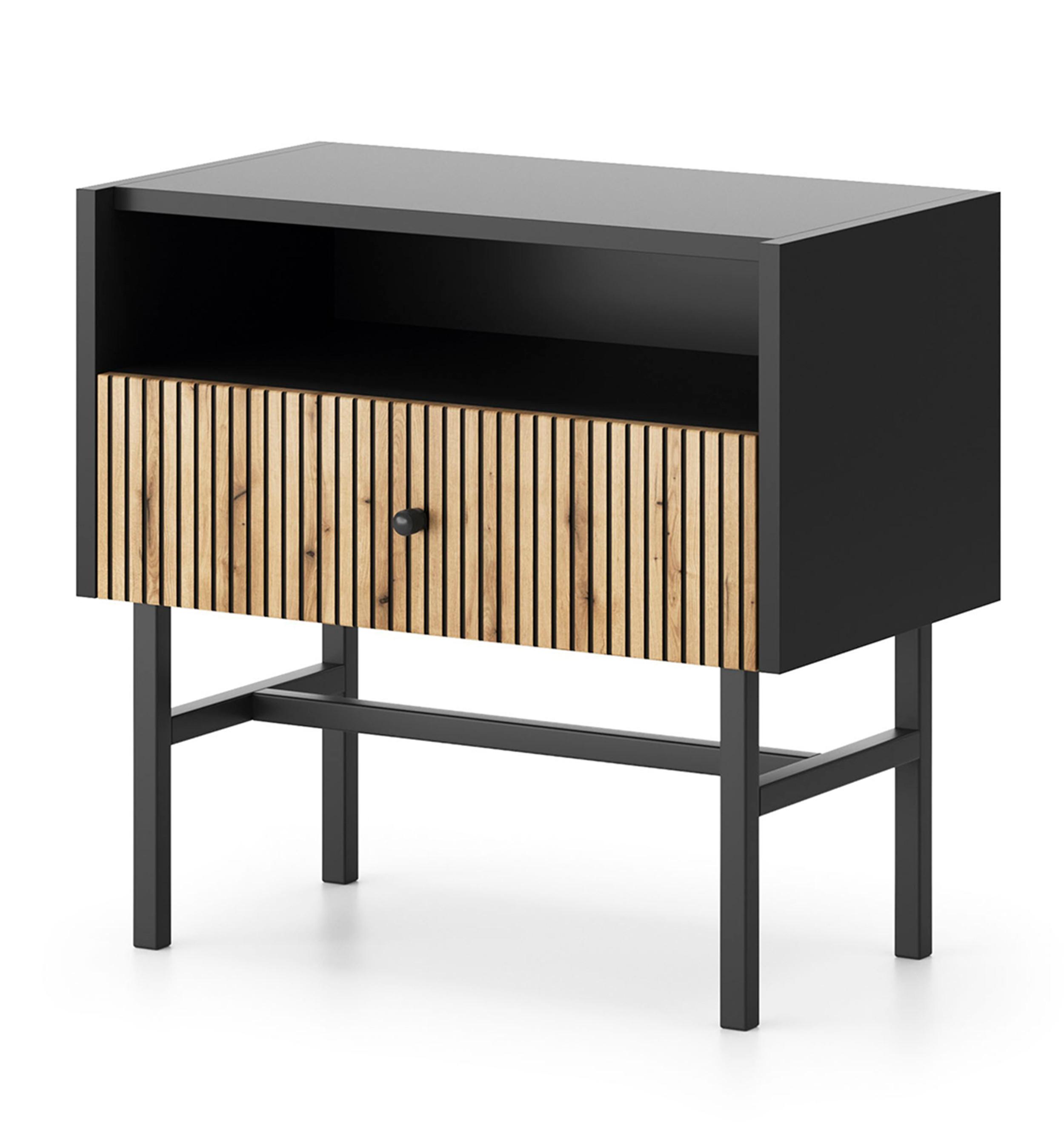 NACHTTISCH Dinley 1S Schwarz, Braun 54,8/52/39 cm – mit langen Beinen und Lamellenfront - Schwarz/Braun, Holzwerkstoff/Metall (54.8/52/39cm) - AX Living