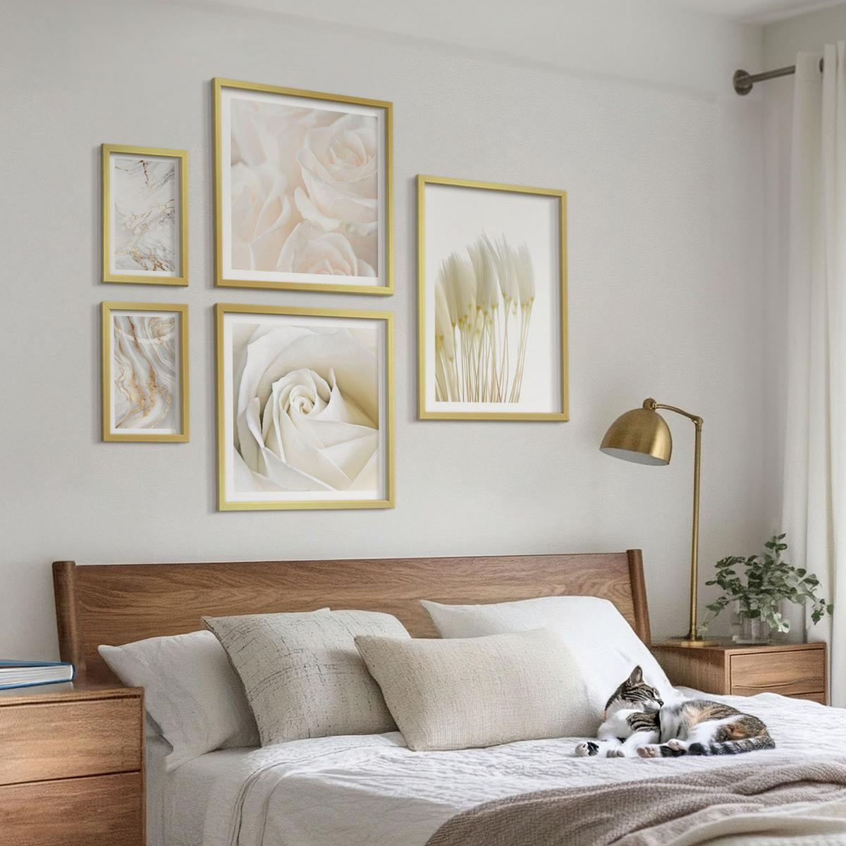 BILDER SET 5er Set - 50x50 cm & 20x30 cm & 40x60 cm Goldrahmen - Elegante Marmormuster - Goldfarben, Kunststoff (40/60cm) - TULUP