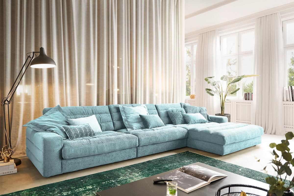 ECKSOFA XL LANA Hellblau Cord - Schwarz/Hellblau, Textil (416/205cm) - KAWOLA