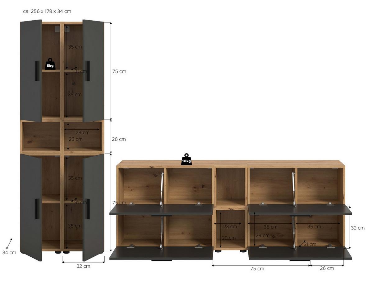 WOHNWAND grau, Eiche Artisan 256 x 178 cm, Schrankwand mit Soft-Close - Schwarz/Eiche Artisan, Holzwerkstoff/Kunststoff (256/151/34cm) - Inn.Furn