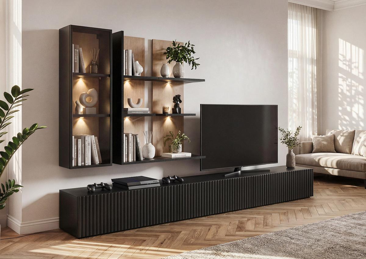 WOHNWAND Schwarz mit Vicking Eiche 300 cm, 6-teilig, inklusive LED und Push-to-Open-Funktion - Eichefarben/Schwarz, Holzwerkstoff (300/160/45cm) - Inn.Furn