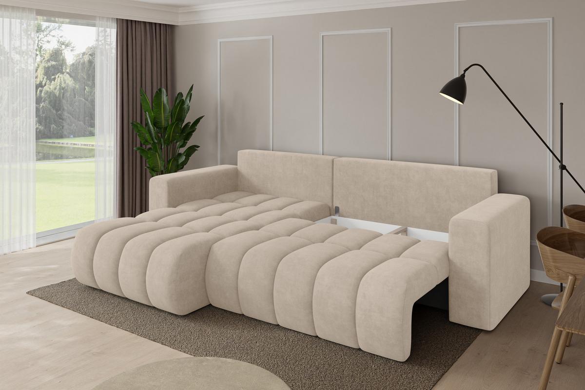 ECKSOFA mit Schlaffunktion Ottomane Links MILA-L-v1 277x195x86 Beige Velours - Schwarz/Sahara, Holzwerkstoff/Kunststoff (277/194cm) - ALTDECOR