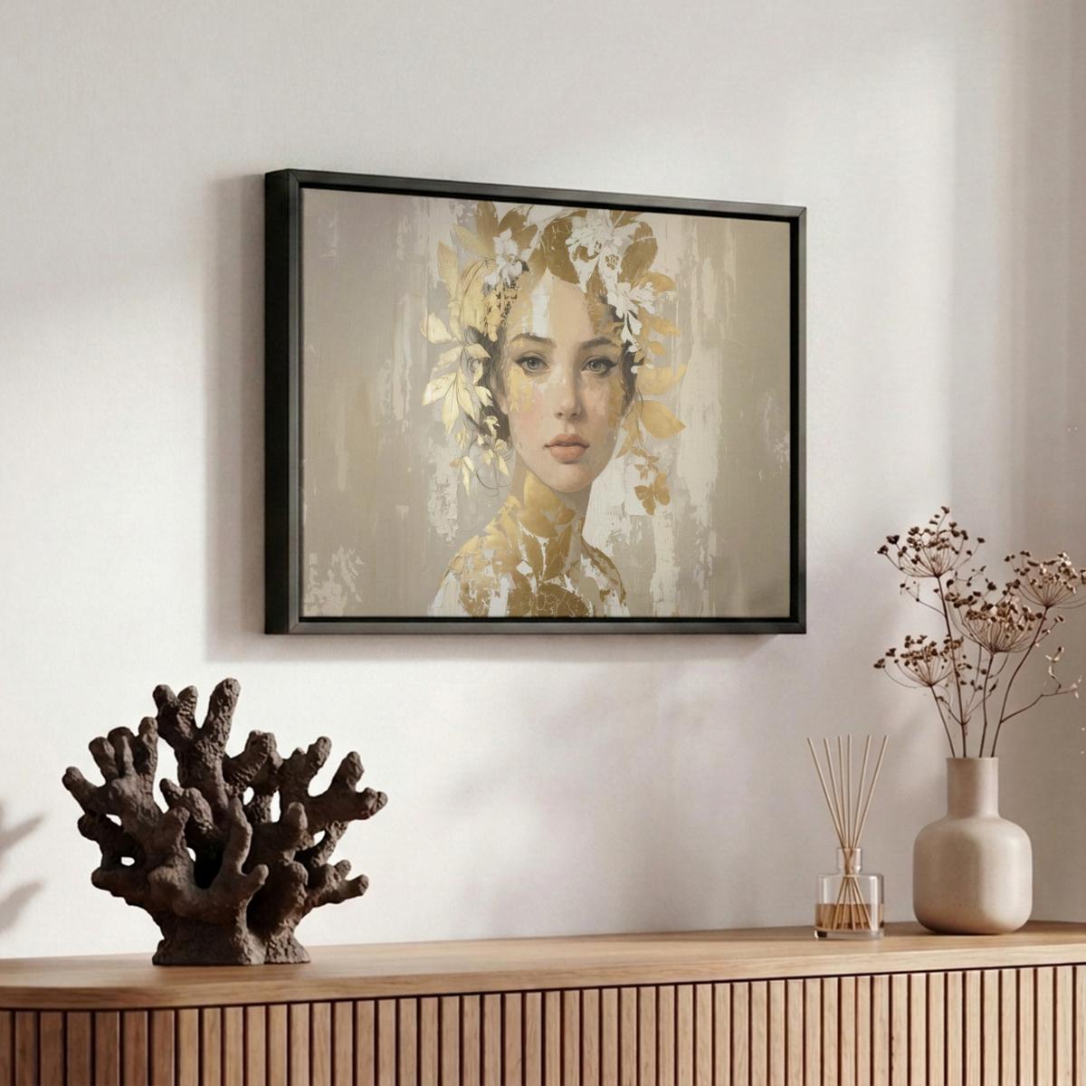 LEINWAND Bilder mit Rahmen - Gesicht - Frau - Blätter - Gold - 30x20 - Beige, Textil (30/20cm) - MuchoWow