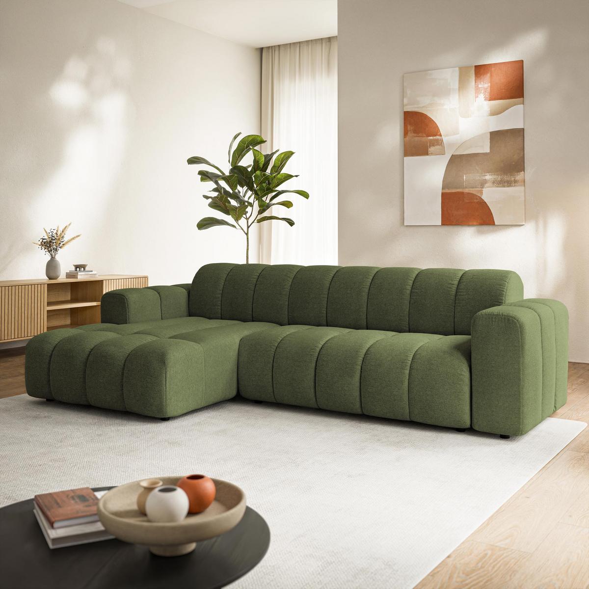 ECKSOFA SETIA Olivgrün Strukturstoff mit Schlaffunktion - Olivgrün, Holz (304/165cm) - MASSENO