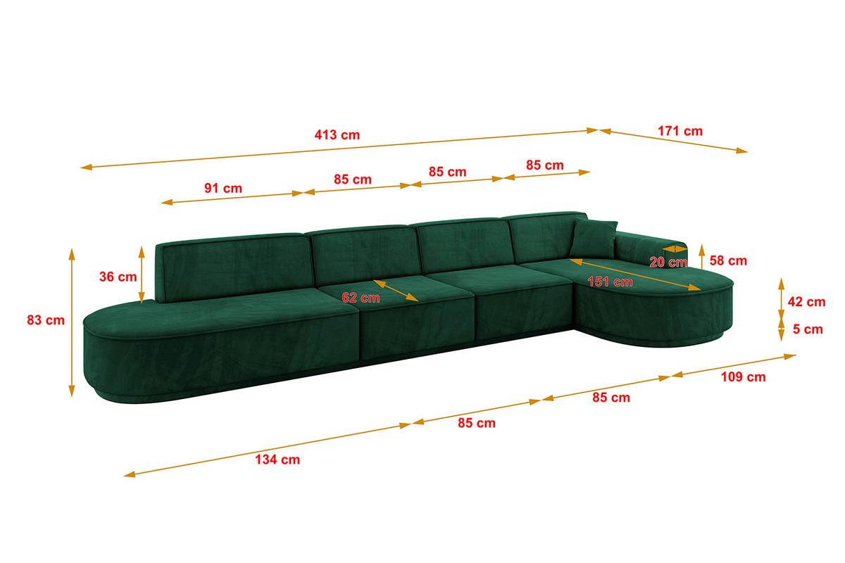 ECKSOFA Ottomane Rechts MARI-L3-v3 - 413x171x83 cm Grün Velours - Schwarz/Grün, Holzwerkstoff/Kunststoff (171/413cm) - ALTDECOR