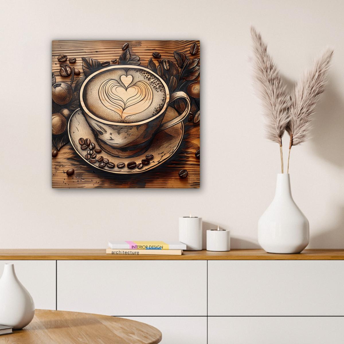 LEINWANDBILD Kaffee - Vintage - Braun - Tasse - Holz Wandbild Wohnzimmer 50x50 cm - Braun, Textil (50/50cm) - MuchoWow