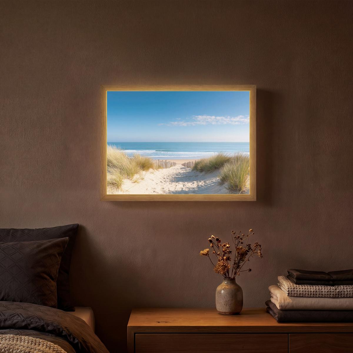 WANDLEUCHTE MIT AKKU Strand - Meer - Düne - Sand - Sommer 40x30 cm - Sandfarben, Holzwerkstoff (40/30/8cm) - OnlyWow