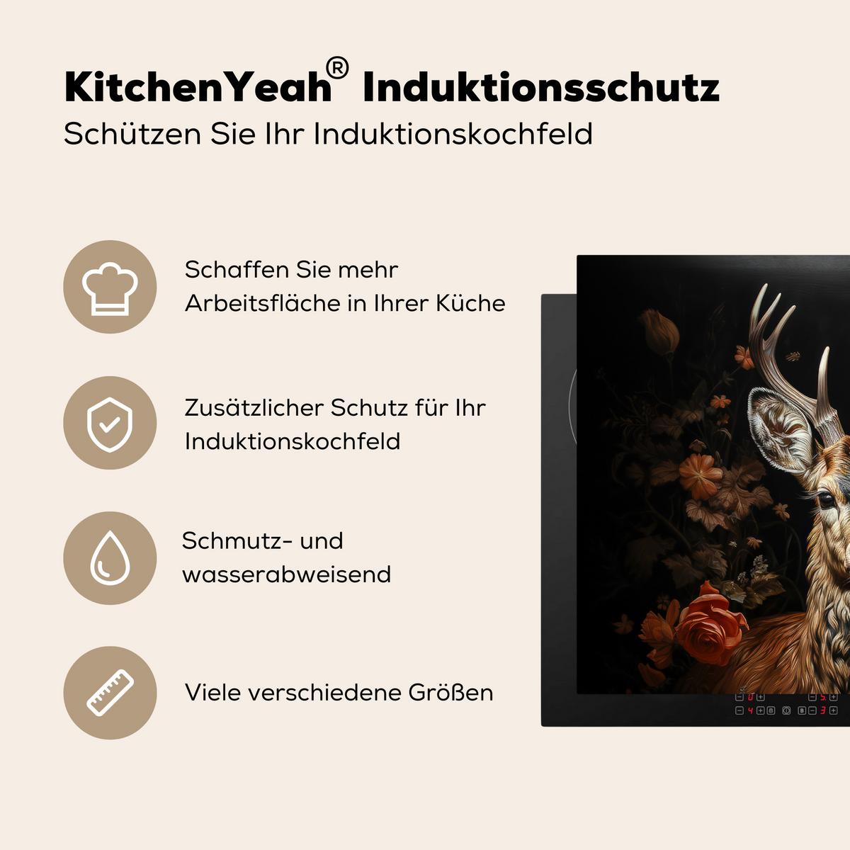 HERDABDECKPLATTE Hirsch - Tier - Blumen - Natur - Botanisch Induktionsmatte 77x59 cm - Kupferfarben, Kunststoff (77/59/0.2cm) - MuchoWow