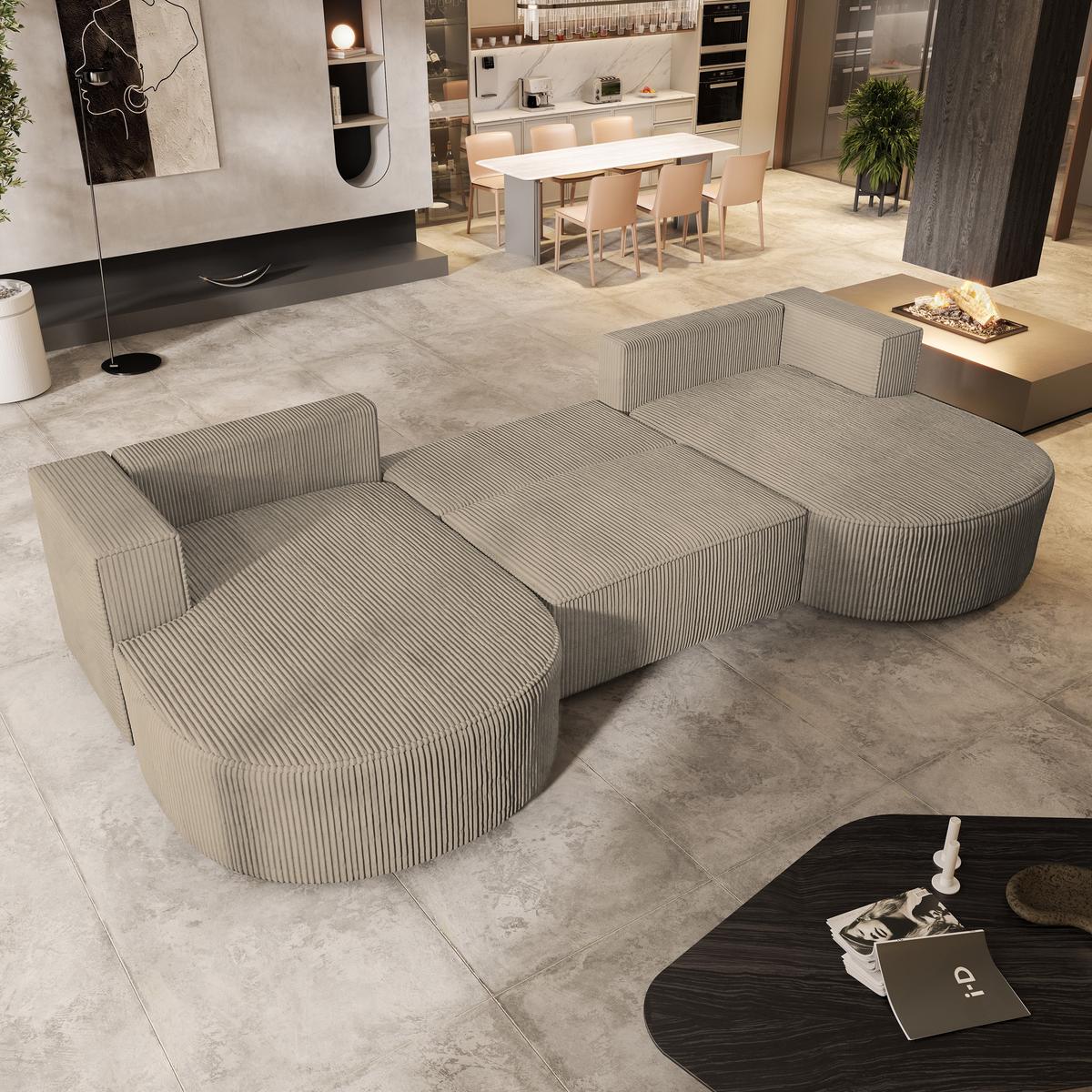 WOHNLANDSCHAFT VEZZO P Beige Kordstoff mit Schlaffunktion - Beige/Grau, Holz/Kunststoff (347/85/174cm) - MASSENO