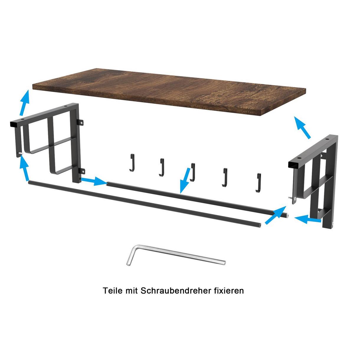 WANDGARDEROBE mit abnehmbaren Haken 60/30/27 cm - Braun, Metall (30/27/60cm) - Intirilife