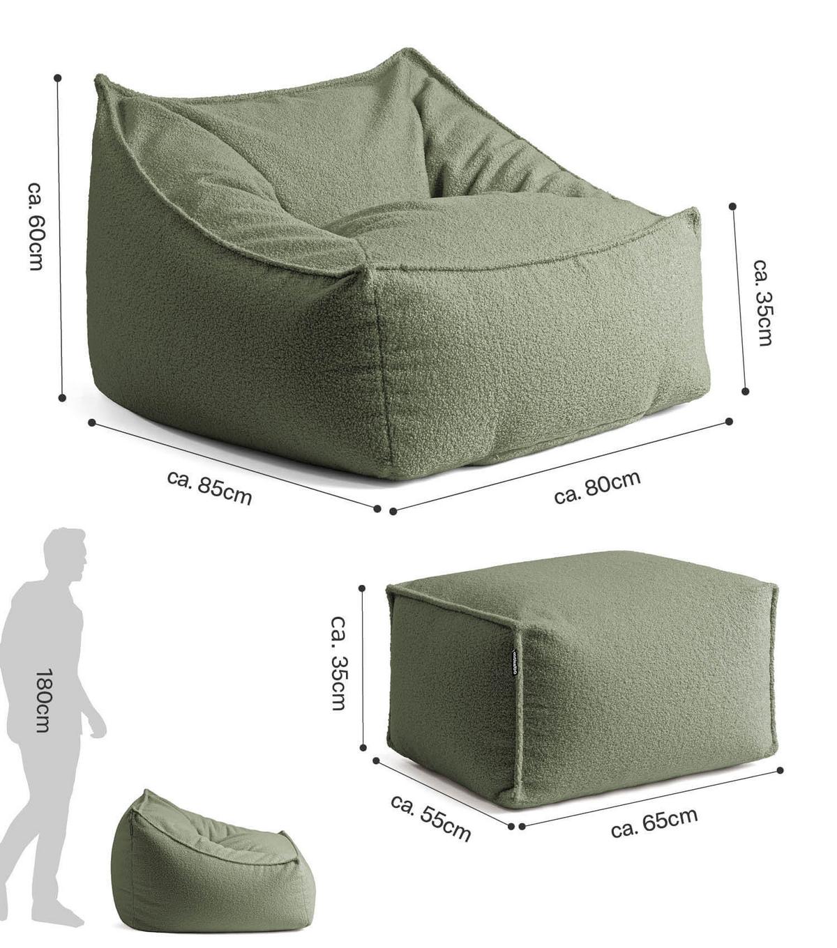 SITZSACK Bouclé Snug mit Hocker - Grün, Textil (150/75/60cm) - Mokebo