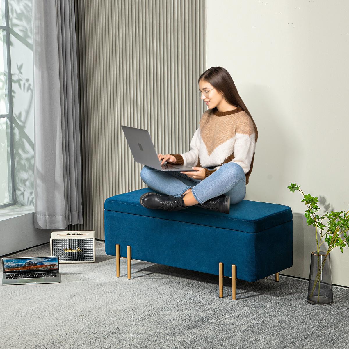 TRUHENBANK Metall, Kautschukholz, Schaumstoff Dunkelblau - Blau, Textil (40/42/100cm) - HOMCOM