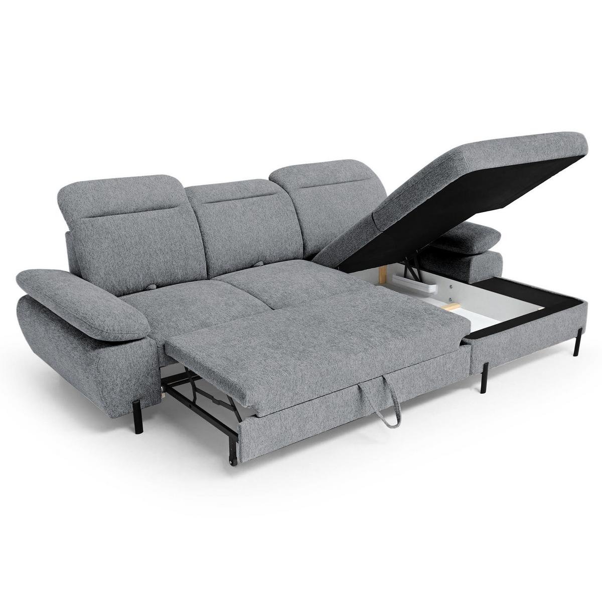 ECKSCHLAFSOFA Sora Mini mit verstellbaren Kopfstützen und Schlaffunktion, Chenille-Stoff, Grau, Rechts - Schwarz/Grau, Textil (190/285cm) - Beautysofa