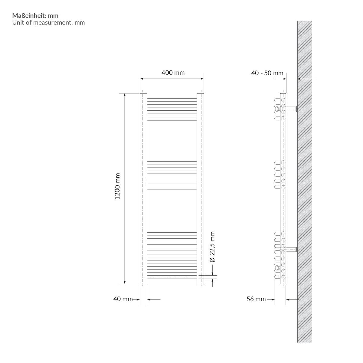 HANDTUCHHEIZKÖRPER 400 x 1200 mm Beige mit Thermostatventil Badheizkörper gebogen mit Seitenanschluss - Beige, Metall (40/120/3cm) - LuxeBath