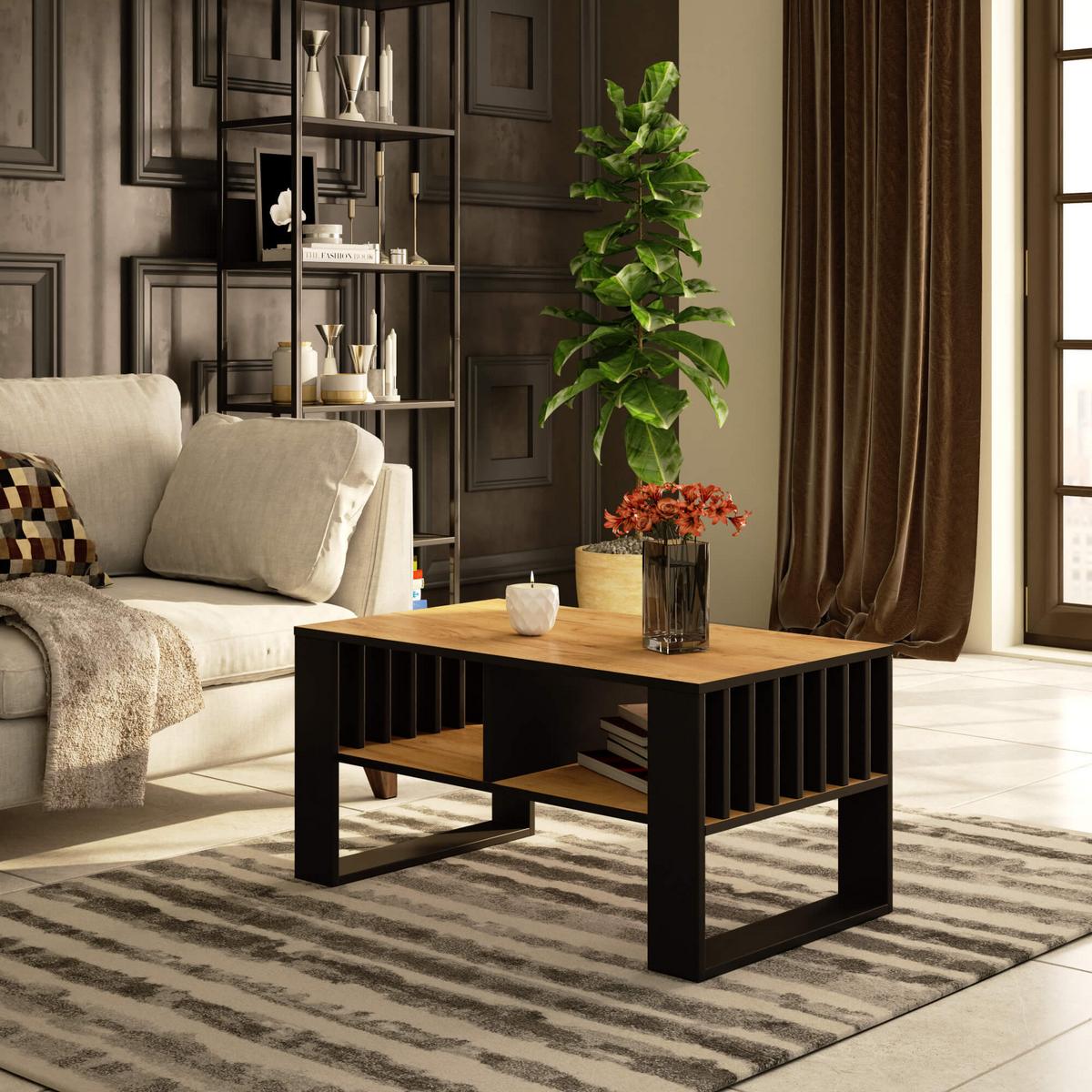 COUCHTISCH Eiche Craft, Schwarz 45/92/53 - Schwarz, Textil (53/92/45cm) - RAUMHIRSCH FURNITURE