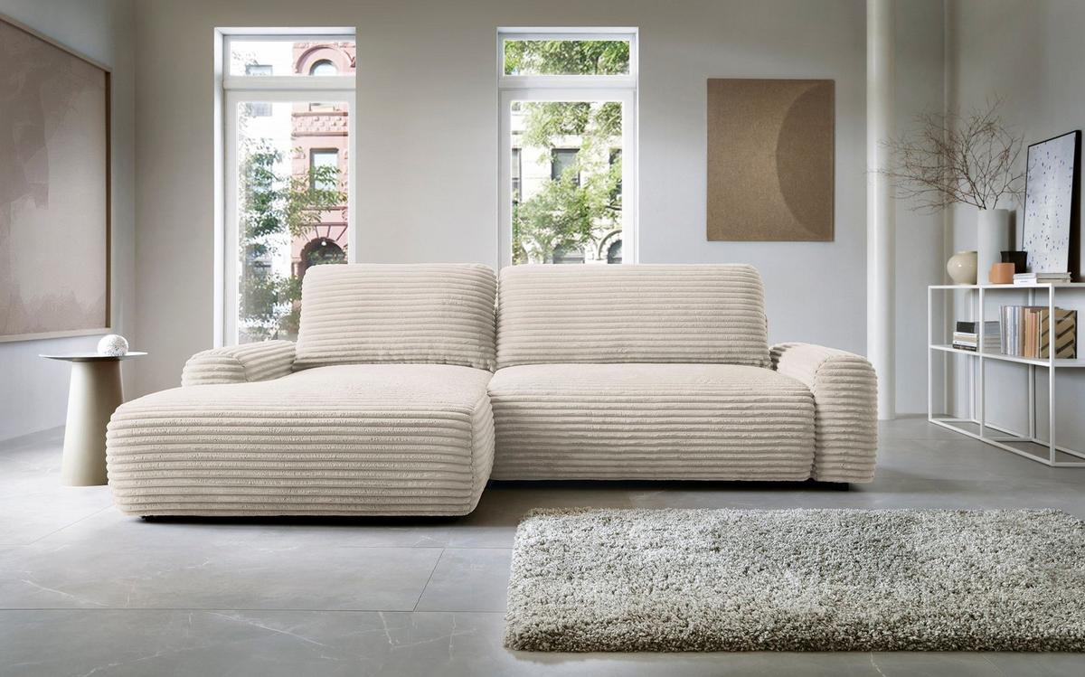 ECKSOFA OSSO Creme Velours-Stoff mit Schlaffunktion - Creme, Holz (264/162cm) - MASSENO