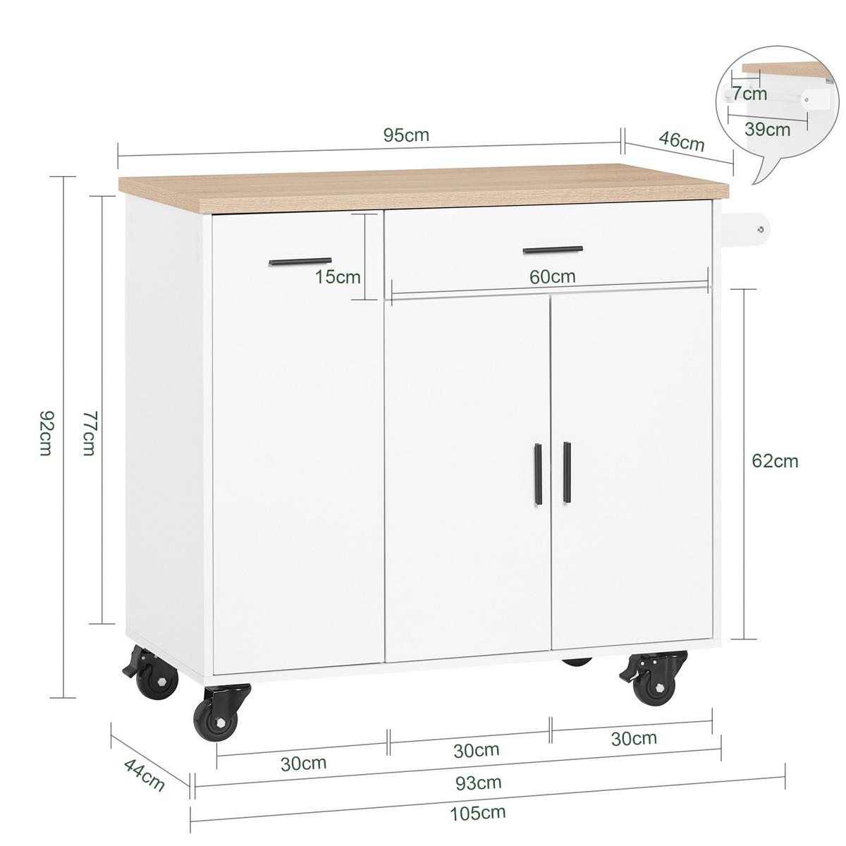 KÜCHENWAGEN auf Rollen, Kücheninsel, Weiß-Natur - Weiß/Naturfarben, Holzwerkstoff (105/92/46cm) - SoBuy