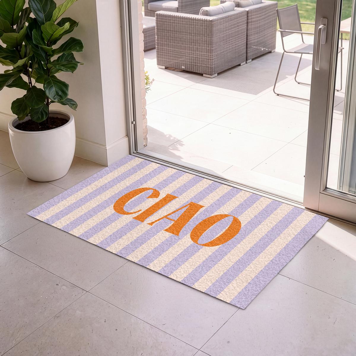 FUSSMATTE Ciao - Zitat - Pastell - Streifen Schmutzfangmatte 120x80 cm - Flieder, Kunststoff (120/0.4cm) - MuchoWow