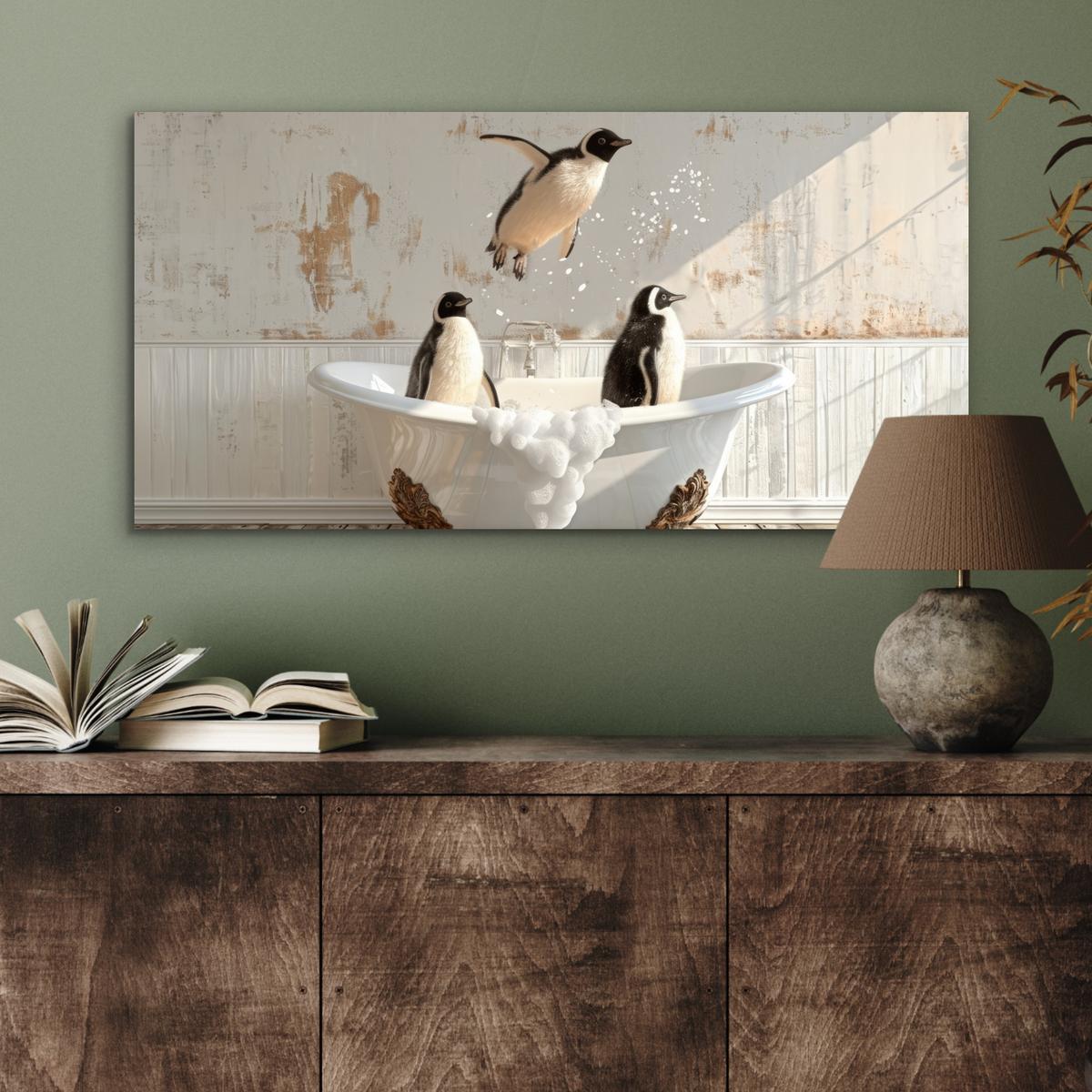 METALLBILD Vintage - Pinguin - Badewanne - Schaumstoff 80x40 cm - Schwarz, Metall (80/40cm) - MuchoWow