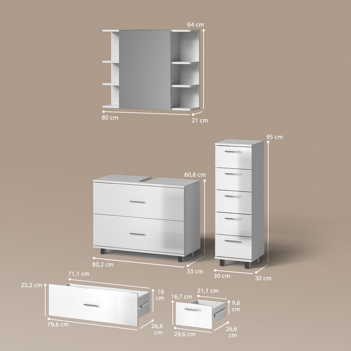 BADMÖBEL-SET Eisak Weiß Hochglanz 3 Teile, mit Unterschrank 80 cm - Weiß Hochglanz, Holzwerkstoff (80/60/33cm) - Livinity®