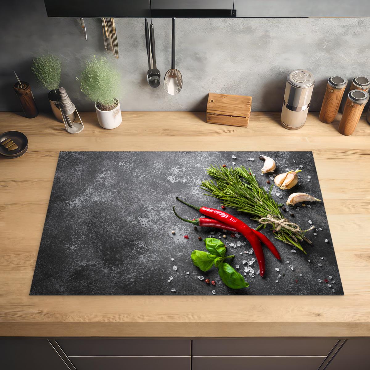 HERDABDECKPLATTE Pfeffer - Kräuter - Gewürze - Beton Ceranfeldabdeckung 80x52 cm - Rot, Kunststoff (80/52/0.2cm) - MuchoWow