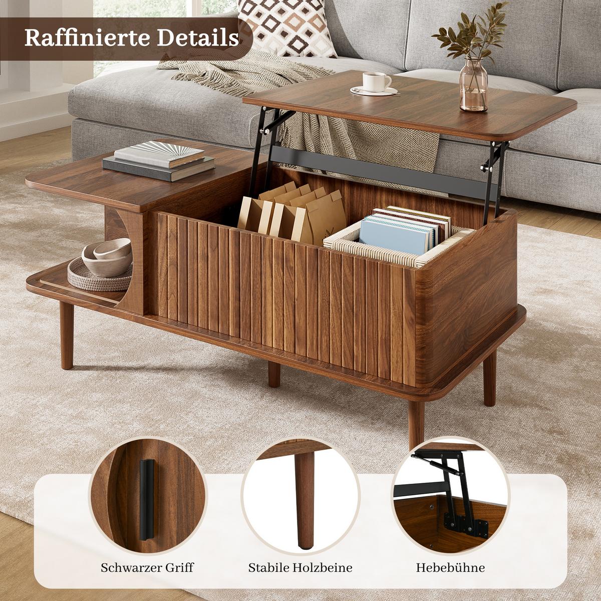 COUCHTISCH walnuss-optik & vertikale rillen mit lift-funktion & schiebetür - Walnussfarben, Holzwerkstoff (48/100/55.5cm) - Urban Meuble