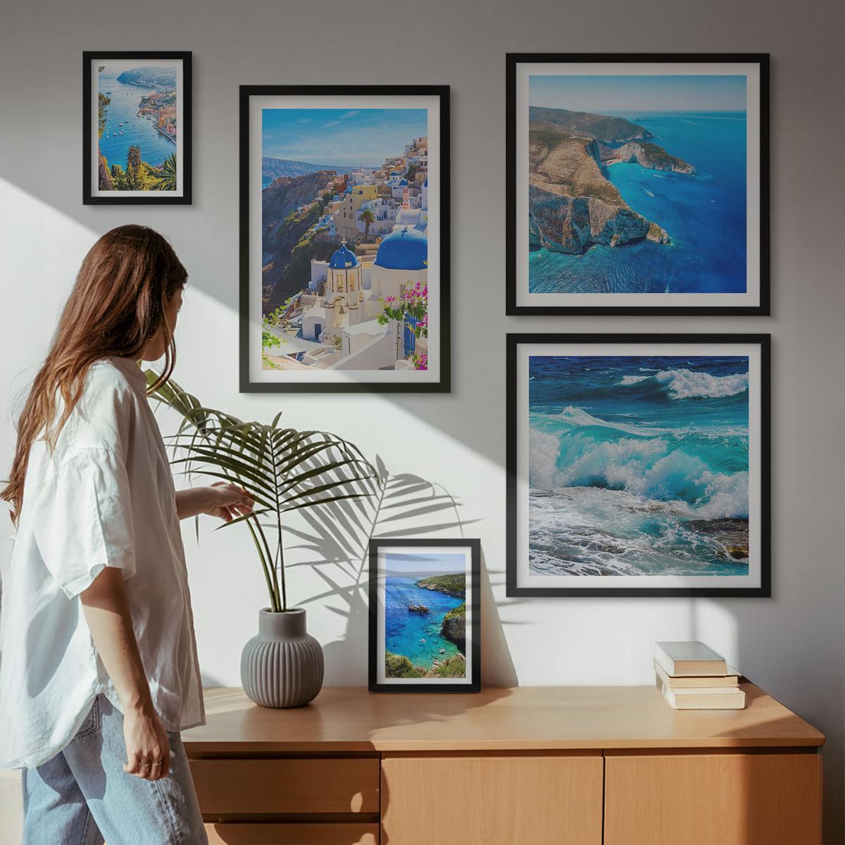 BILDER SET 5er Set - 50x50 cm & 20x30 cm & 40x60 cm Schwarzer Rahmen - Griechische Ansichten von Santorin Oia - Schwarz, Kunststoff (40/60cm) - TULUP