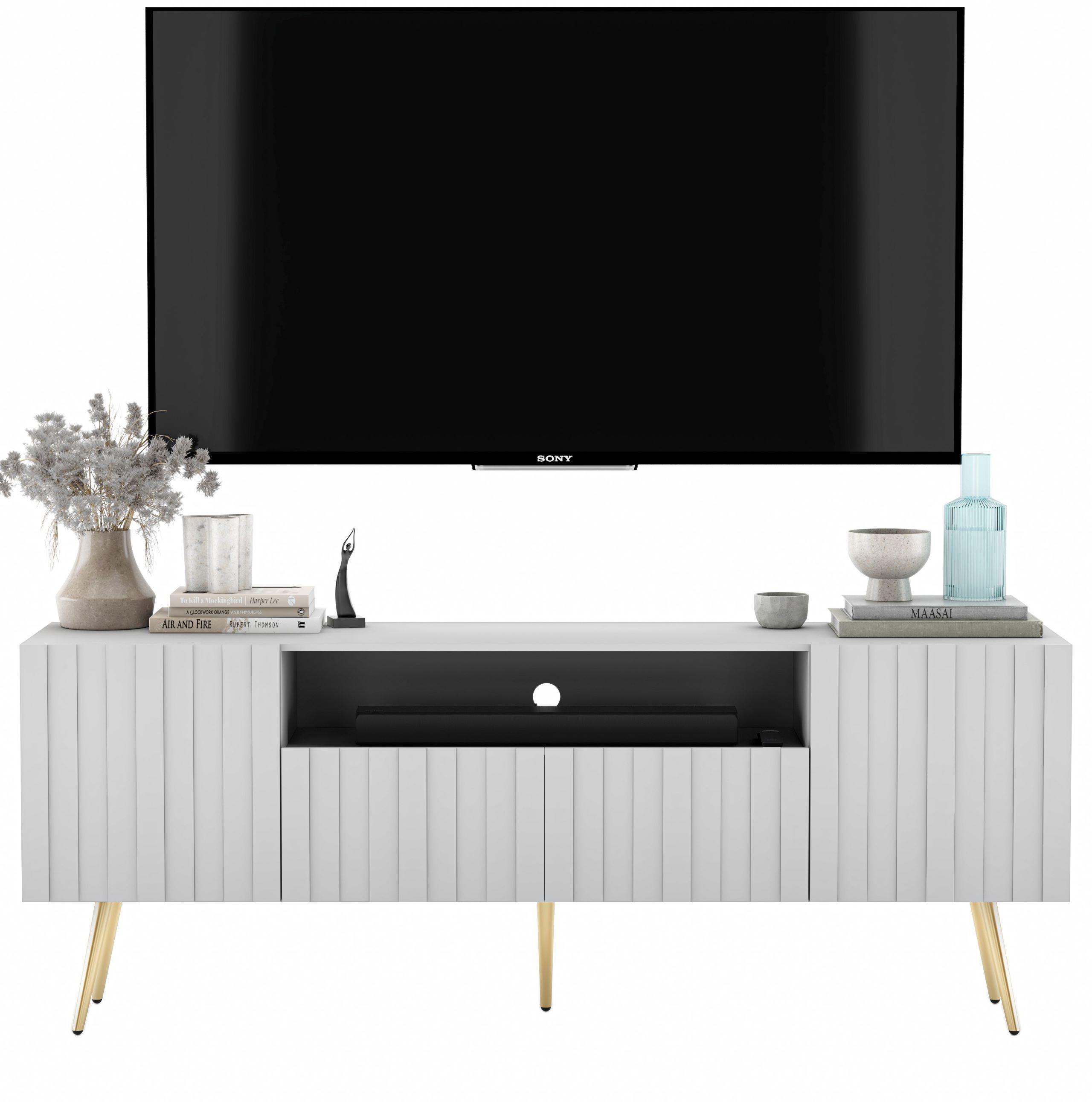 TV-SCHRANK Elpis2 Weiß Matt mit goldenen Metallbeine Glamour 150 cm - Goldfarben/Weiß, Holzwerkstoff/Metall (150/60.5/36.5cm) - Meble Lindner