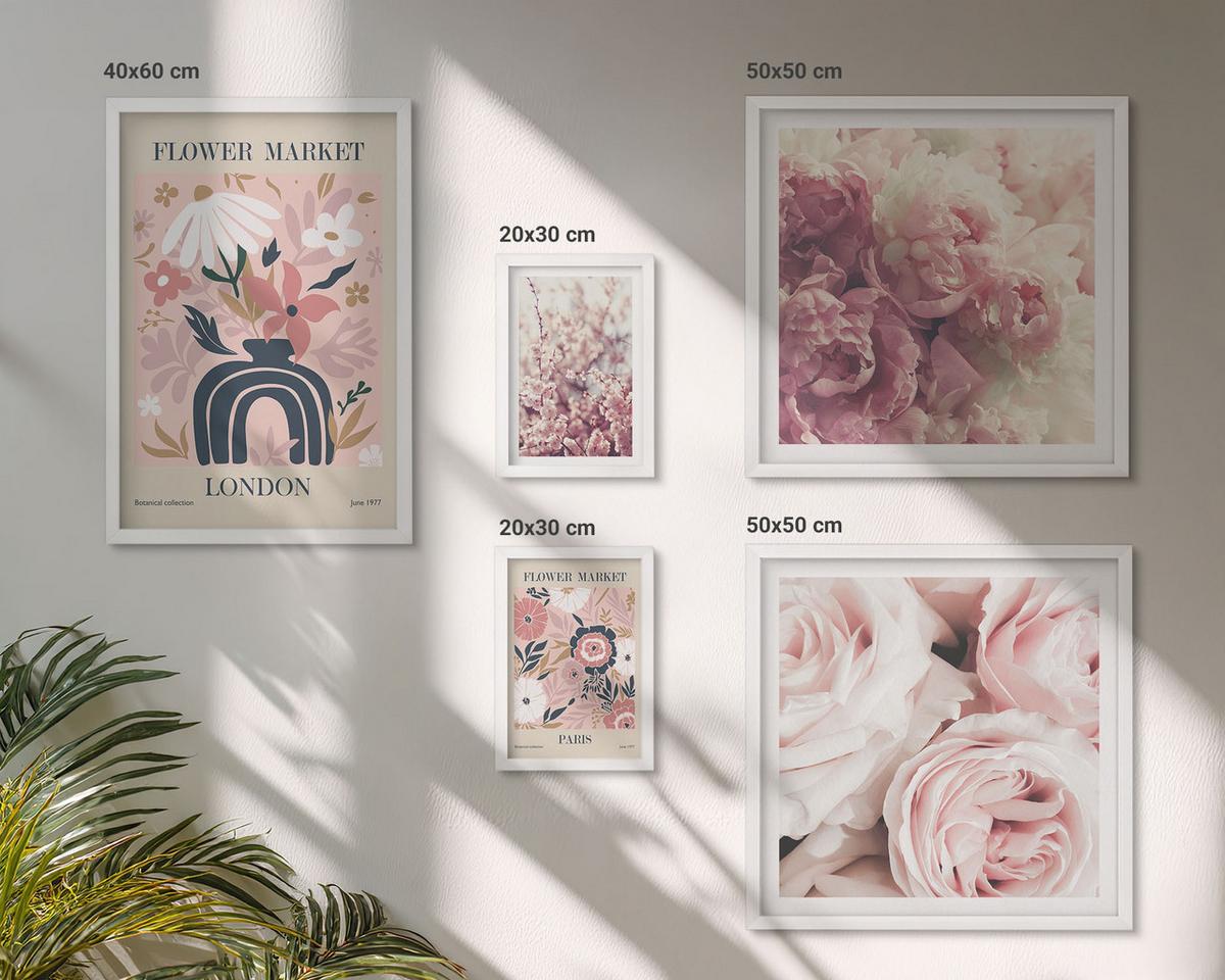 BILDER SET 5er Set - 50x50 cm & 20x30 cm & 40x60 cm Weißer Rahmen - Blumenmuster aus europäischen Städten - Weiß, Kunststoff (40/60cm) - TULUP