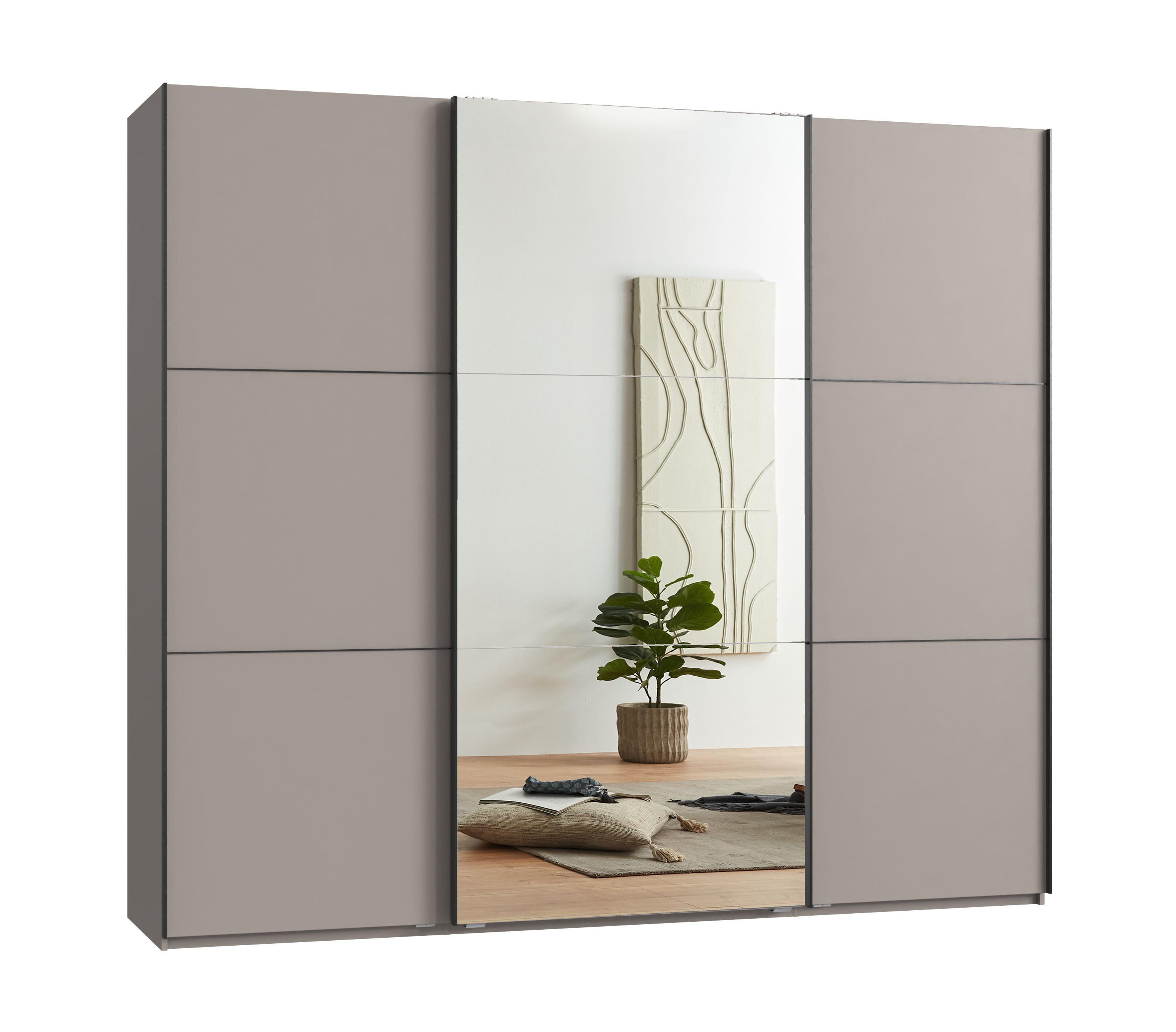 SCHWEBETÜRENSCHRANK 3-türig B250/H216/T65 cm in Sandgrau, eine Spiegeltür, Kleiderschrank inkl. Vollausstattung / 22014 - Sandfarben/Rot, Holzwerkstoff/Metall (250/216/65cm) - luma-home
